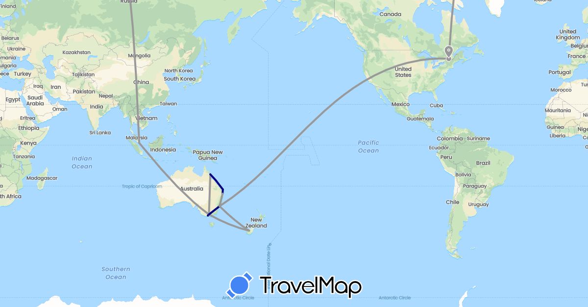 TravelMap itinerary: driving, plane in Australia, Canada, New Zealand, Singapore (Asia, North America, Oceania)